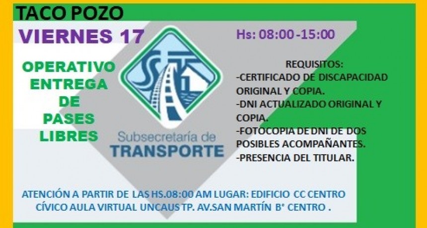 ESTE VIERNES 17   ENTREGA DE PASES LIBRES SUBE