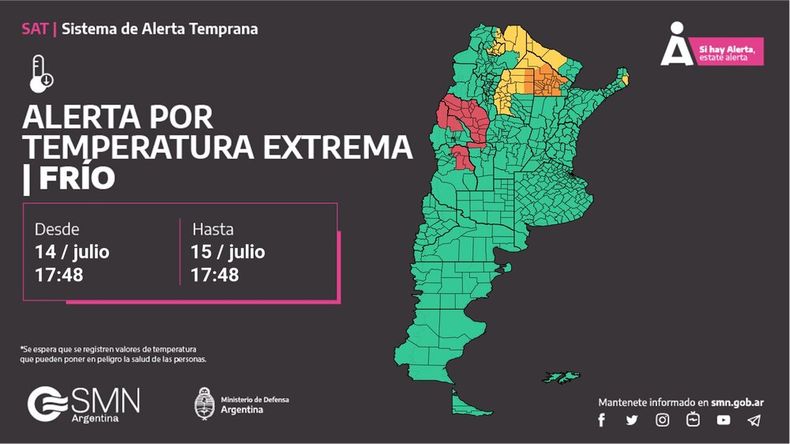 Alerta roja por frío extremo en 26 localidades argentinas