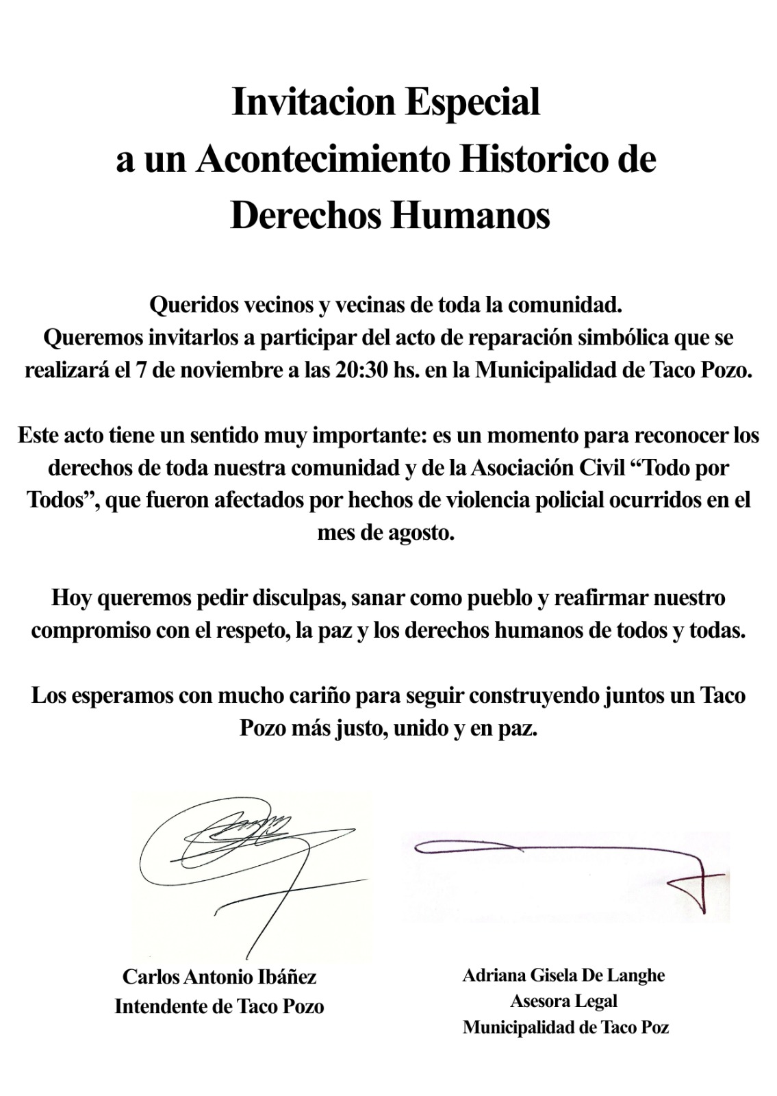 Invitacion Especial a un Acontecimiento Historico de Derechos Humanos